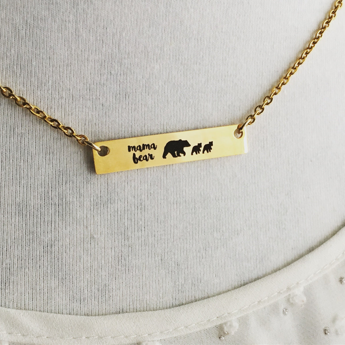 Mama Bear Bar Necklace – Silver Stamped Jewelry - Main Image