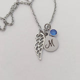 Memorial Angel Wing, Initial, birthstone Personalized charm necklace