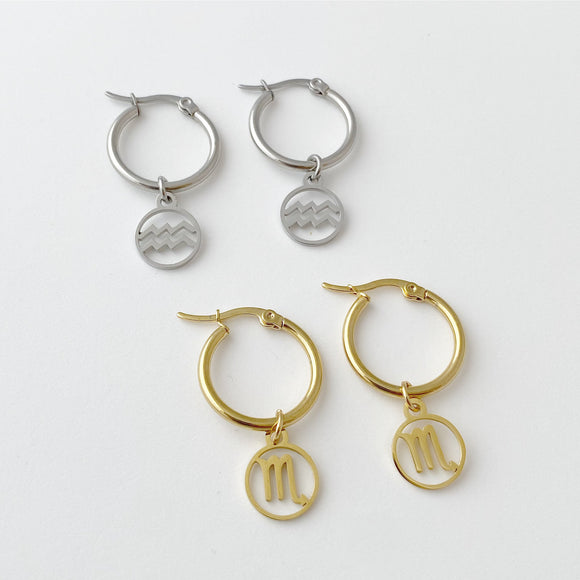 Zodiac Sign Hoop Earrings, hoop earrings with charm, Gold or Silver