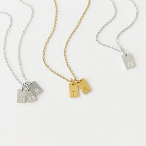 Custom Initial Tag necklace gold or silver, Dainty Bar Tag, Engraved Small Tag