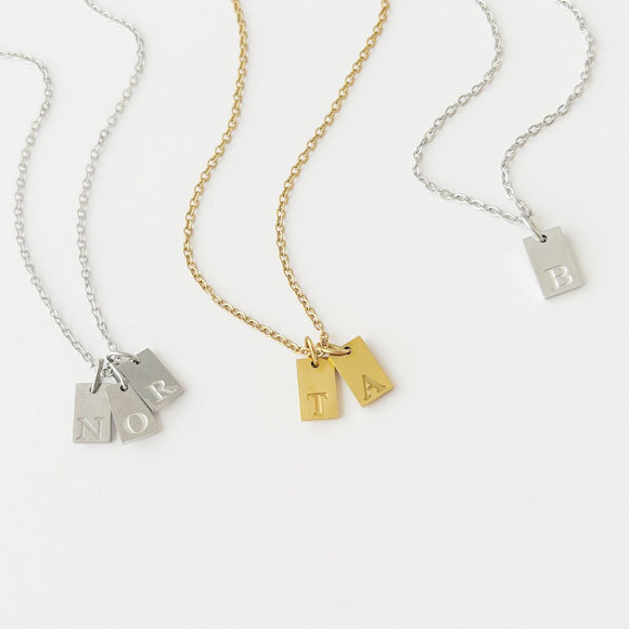 Custom Initial Tag necklace gold or silver, Dainty Bar Tag, Engraved Small Tag