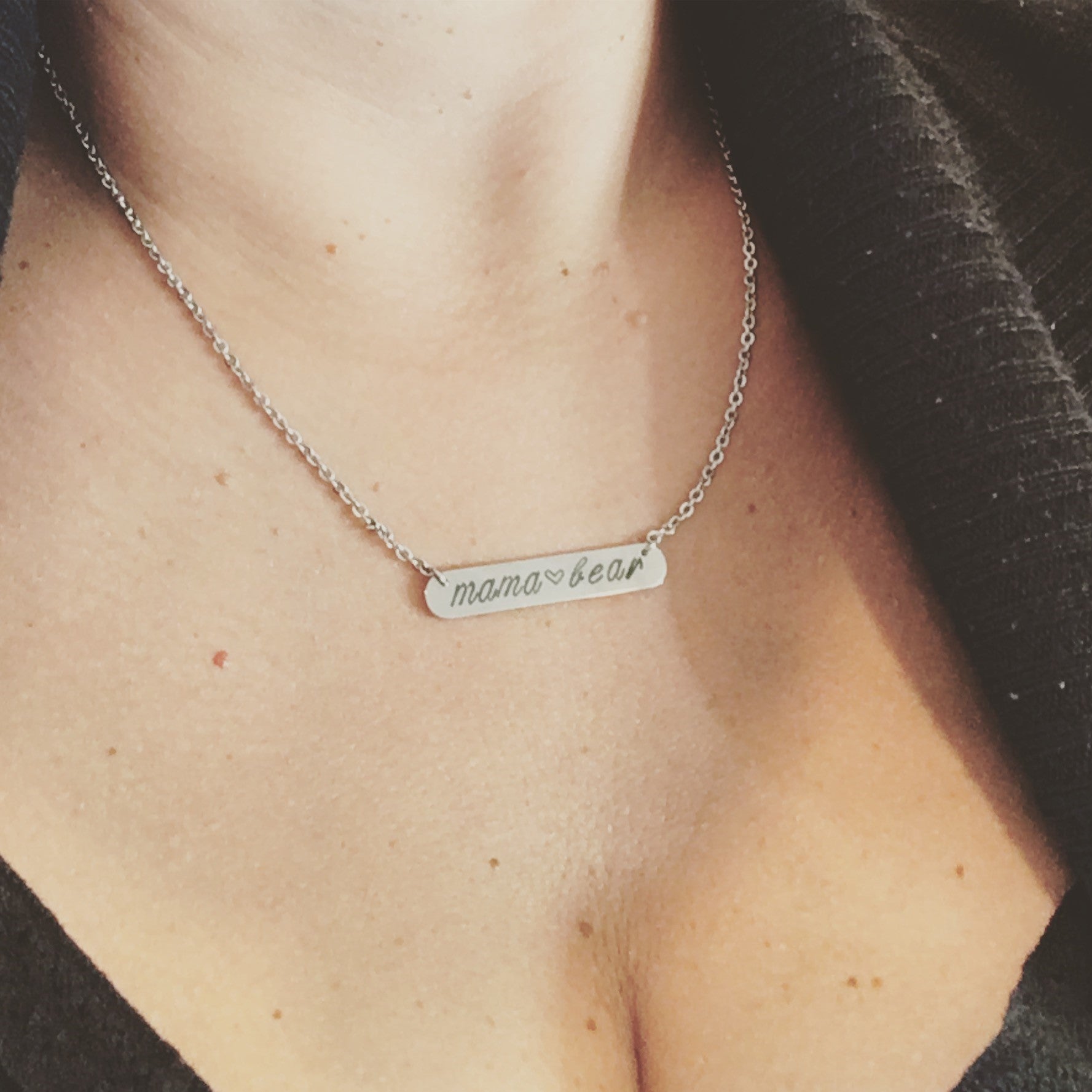 Mama Bear Bar Necklace Silver Stamped Jewelry