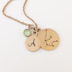 Zodiac Constellation, Initial  and Birthstone Charm Necklace