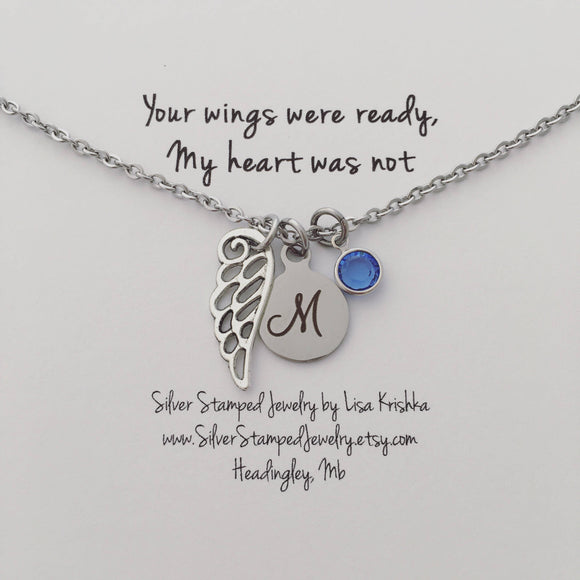 Memorial Angel Wing, Initial, birthstone Personalized charm necklace