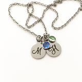 Initial Necklace, Stainless Steel, Swarovski Birthstones, Monogram Initial Charm, Silver