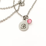 Initial Necklace, Stainless Steel, Swarovski Birthstones, Monogram Initial Charm, Silver