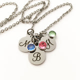 Initial Necklace, Stainless Steel, Swarovski Birthstones, Monogram Initial Charm, Silver