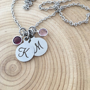 Initial Necklace, Stainless Steel, Swarovski Birthstones, Monogram Initial Charm, Silver