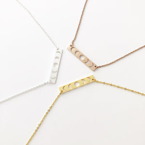 Celestial Lunar Phase bar necklace with extender, Silver - Gold - Rose Gold