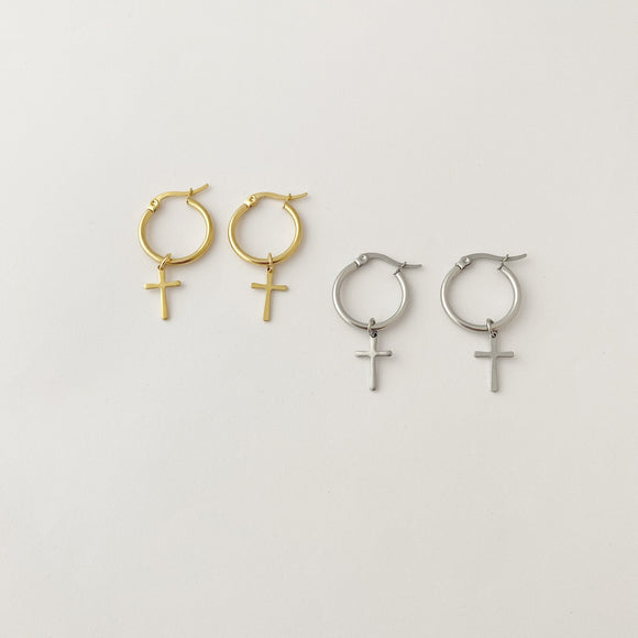 Cross Hoop Earrings; Gold, silver, gift for woman, for man
