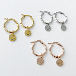 Smiley face Hoop Earrings; Gold, silver, gift for woman, for man