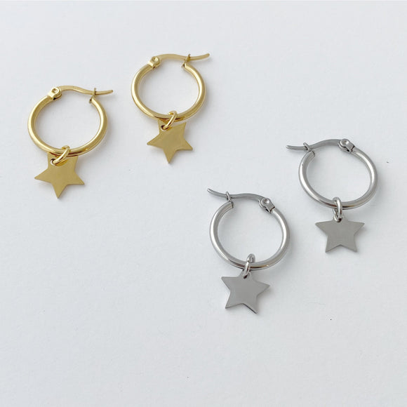 Star Hoop Earrings; Gold, silver, gift for woman, for man