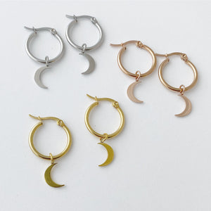 Moon Hoop Earrings; Gold, silver, gift for woman, for man