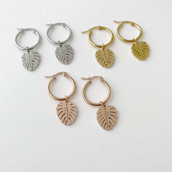 Monstera Charm Hoop Earrings, fern earrings, Gold, Rose Gold, silver, gift for woman