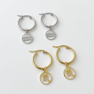 Zodiac Sign Hoop Earrings, hoop earrings with charm, Gold or Silver