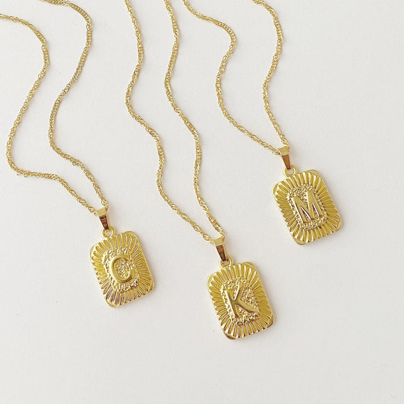 18k Gold Plated Initial Necklace, Non Tarnish Stainless Steel, Rectangle Initial Necklace