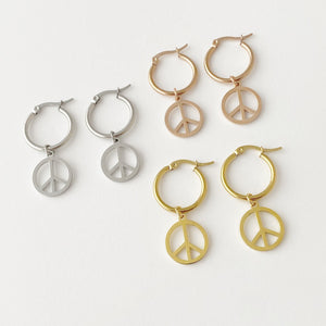 Peace Charm Hoop Earrings; Gold, silver, gift for woman, for man, Waterproof