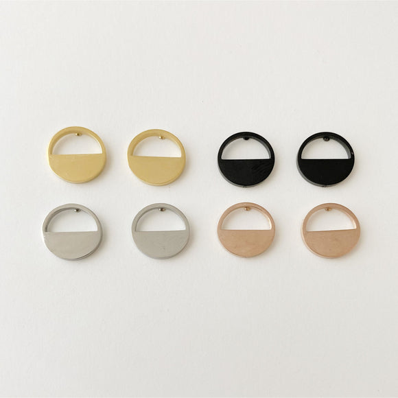 Round Half Filled Stud earrings, circle stud earrings, gold, rose gold, silver, black