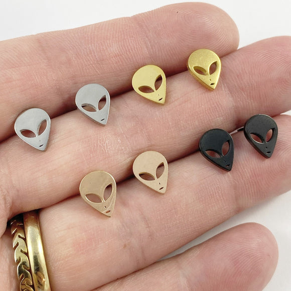 Alien stud earrings, gold, rose gold, silver, black