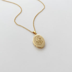 Moon Floral Photo Locket Necklace Gold